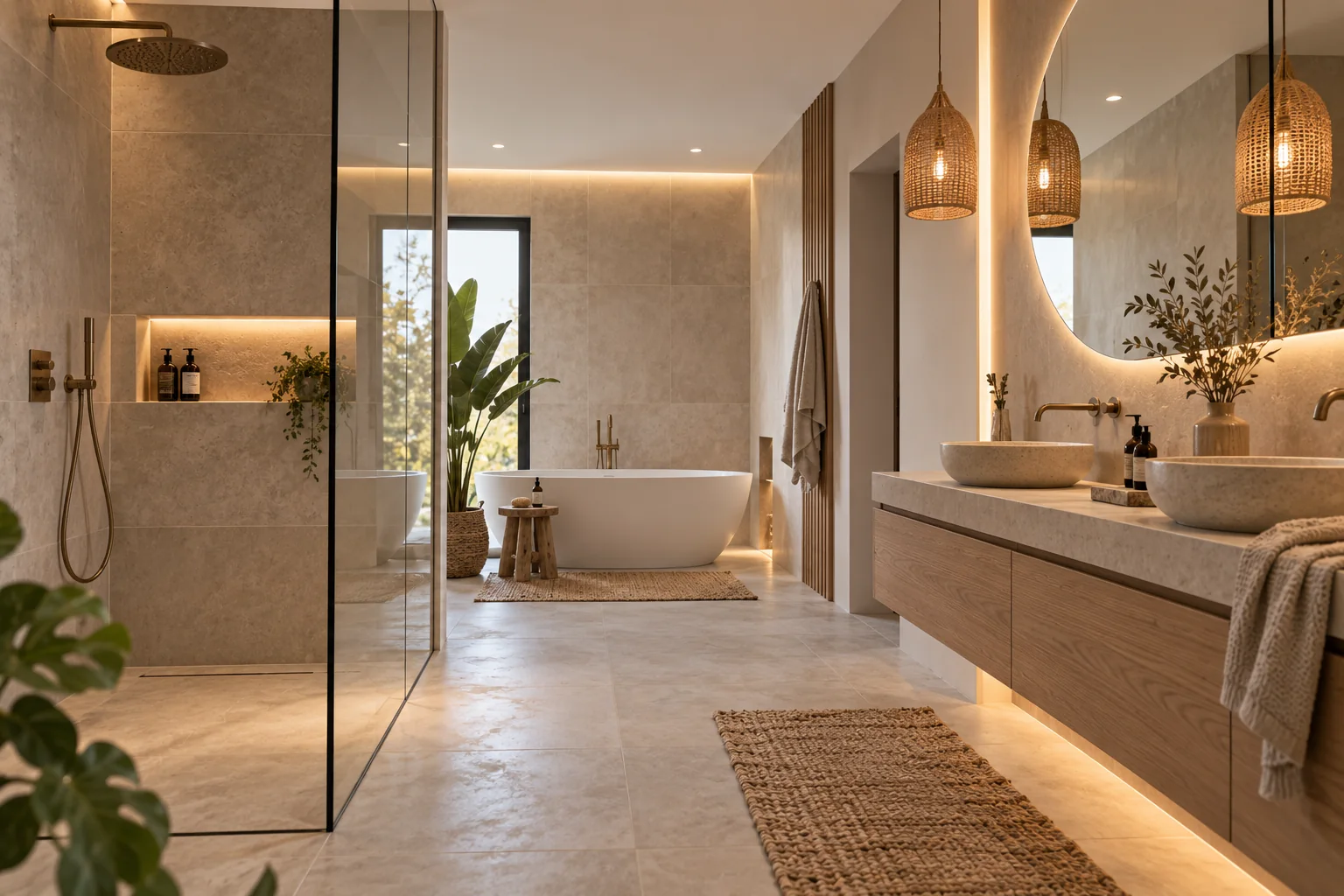 Modernes Bad mit großformatigen Wand- und Bodenfliesen, Dusche und Badewanne